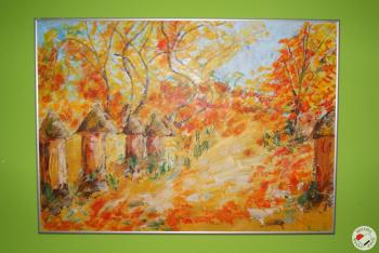 Obraz przedstawiający jesienny pejzaż, drzewa w barwach żóltych i pomarańczowych