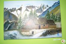 Obraz, dom w górach, zaśnieżone drzewa i szczyty gór